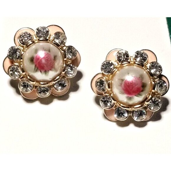 VINTAGE Pink Enamel Rose Stud Earrings Rhinestone Guilloche Limoges Style Flower - Picture 2 of 8